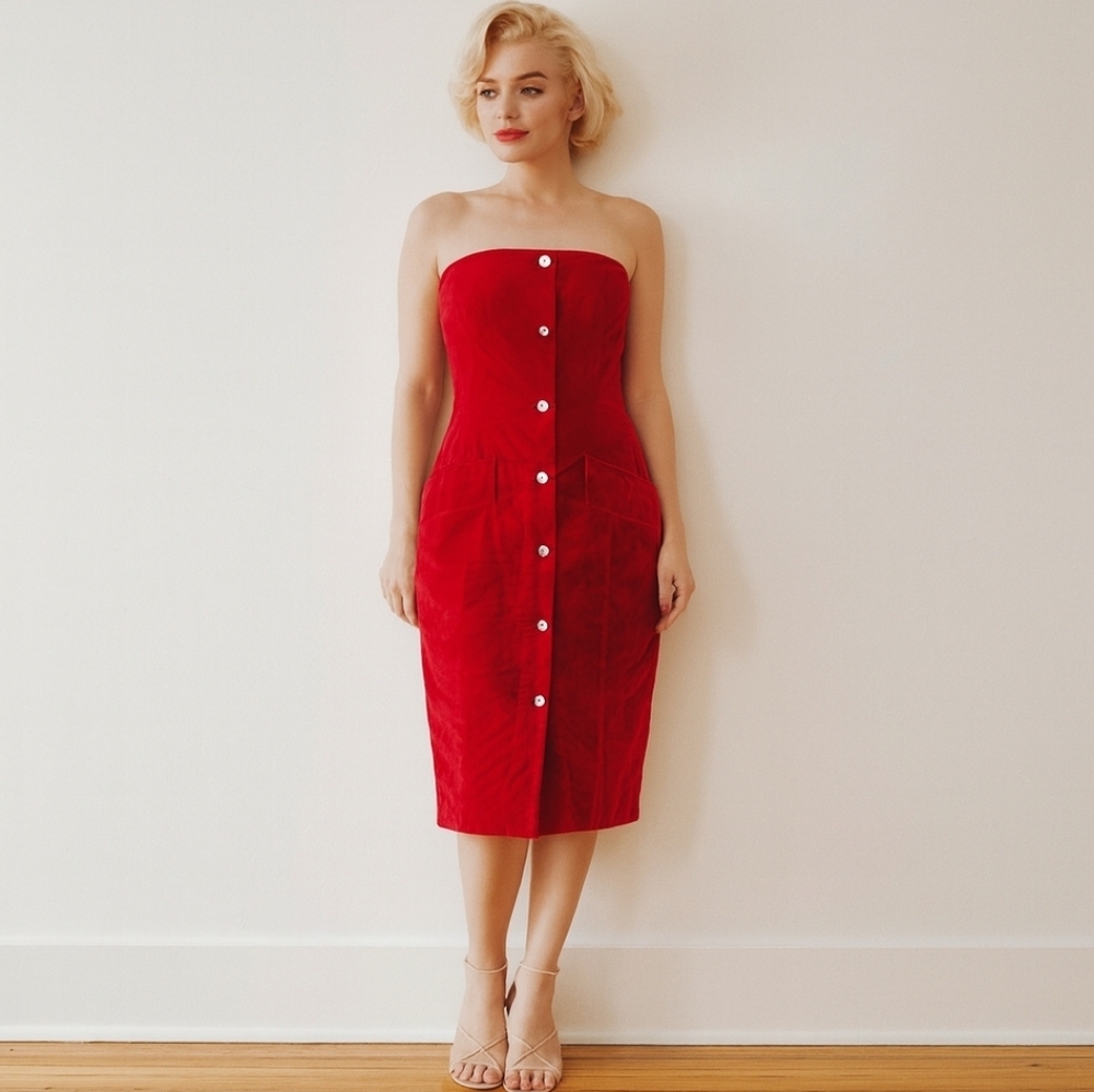 Vintage 90s Y2K Bill Blass Velvet Red Strapless Holiday Party Dress Size 8